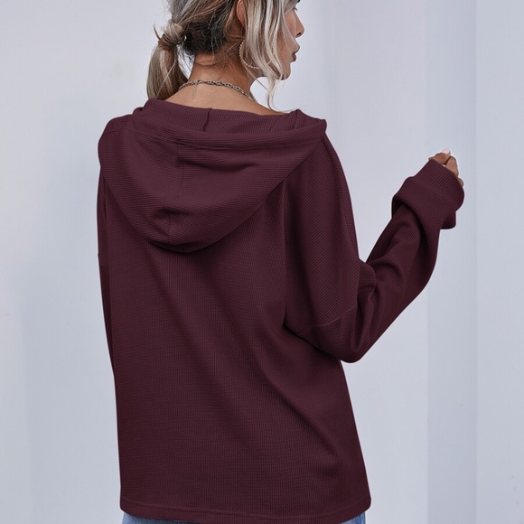 Button up oversized waffle long sleeve hoodie top - Picture 5 of 11